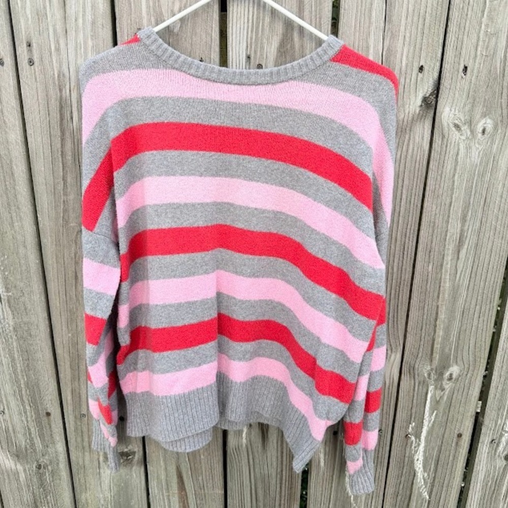 Preppy Colorful POPSUGAR Striped Sweater Size M Grey Pink Red Crew Neck Knit